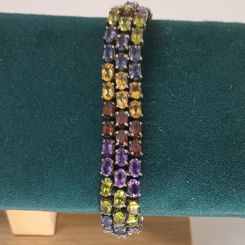 Vintage Mixed Gemstone 925 Silver Tennis Bracelet.